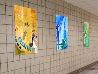 School hallway with murals for fitness and school activities, custom signs
