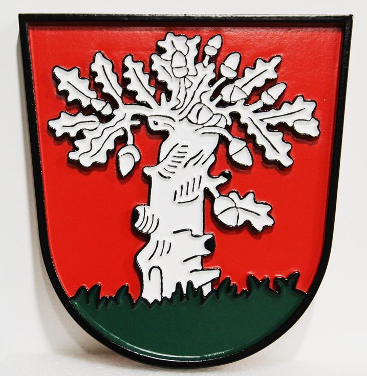 XP-3281 - Carved Plaque of a Shield Coat-of Arms with A Stylized Oak Tree, 2.5-D relief, Artist-painted