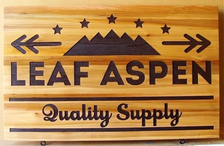  SC38412 - Engraved Cedar Wood sign made  for the "Leaf Aspen " Supply Store, with Mountain Logo as Artwork