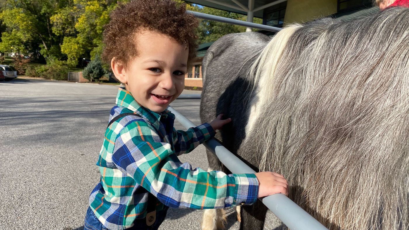 Young boy petting horses as part of our summer camp experience