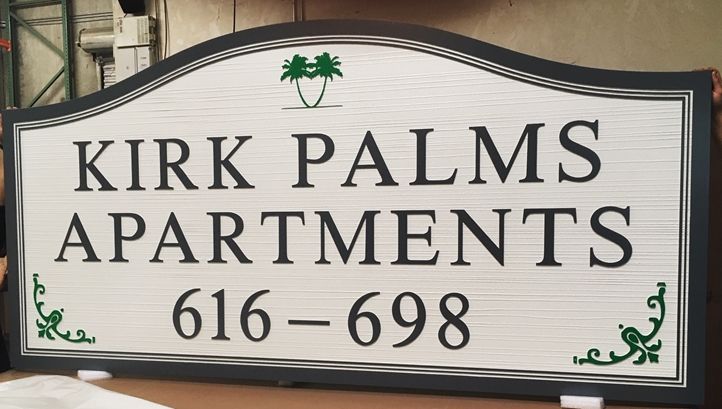 K20350 - Carved HDU Entrance Sign for the "Kirk Palms Apartments" ,  with Wood Grain Sandblasted Background