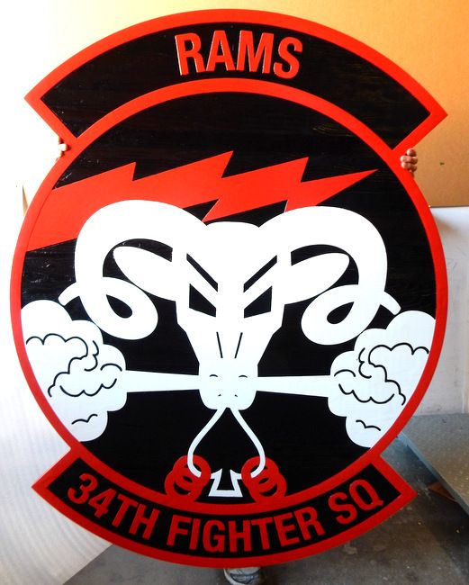 V31624 - Carved HDU Wall Plaque of the Crest for the 34th Fighter Squadron, "Rams", US Air Force