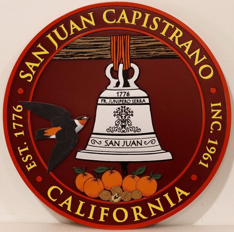 DP-2062 - Carved Artist-Painted Plaque of the Seal of the City of San Juan Capistrano