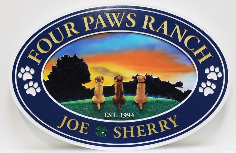 O24502 -  Beautiful Carved HDU  Sign for  "Four Paws Ranch", with  Three Dogs Watching a Sunset as Artwork