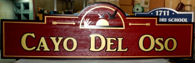 K20176 - Sandblasted Redwood  Directional Sign for "Cayo del Oso,"  24-K Gold Leaf Print with Carved Sun and Birds