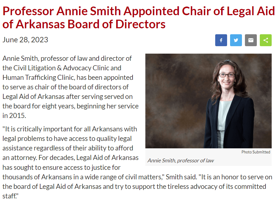 Professor Annie Smith Appointed Chair of Legal Aid of Arkansas Board of Directors