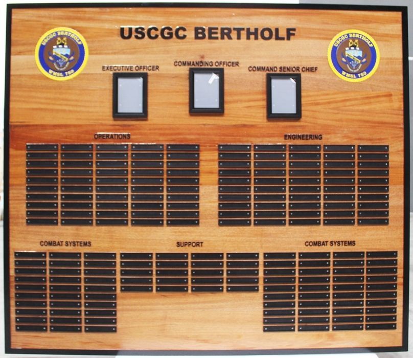 NP-2488 - Ship's Chain-of-Command Board for USCGC Bertholf, WMSL 750 , Redwood with Photo Frames