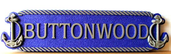 L21880 - Quarterboard Sign "Buttonwood"  for Coastal Home, with Anchors and Rope Border