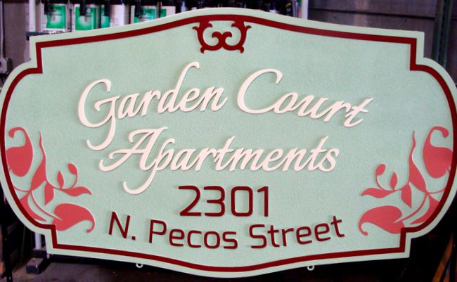 K20110 - Carved HDU Entrance Sign for Garden Court Apartments, with Flowers and Leaves