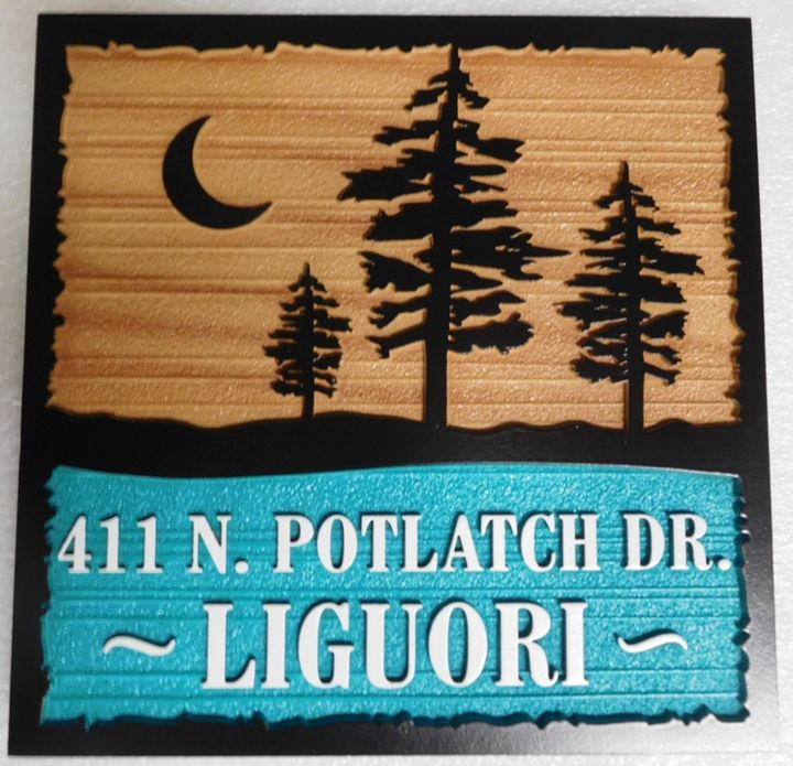 M22065 - Carved and Sandblasted HDU Cabin Address and Name Sign "Liquori" with Pine Trees and Moon as Artwork