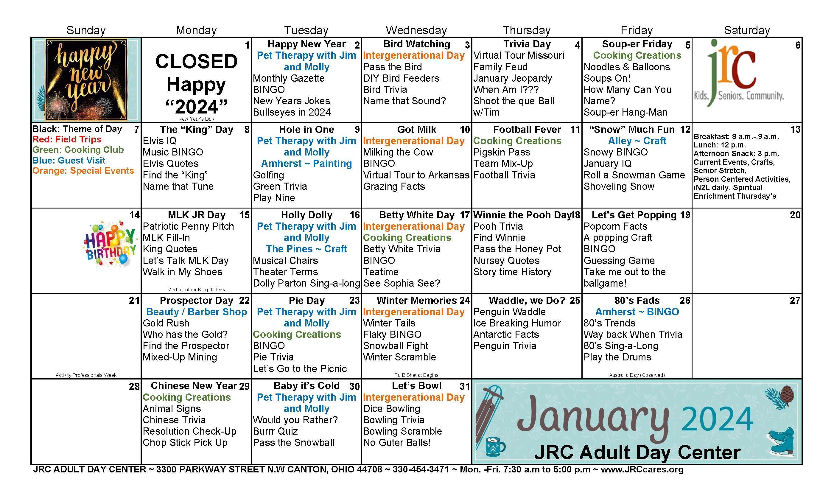 Adult Day Health Care, Activity Calendar