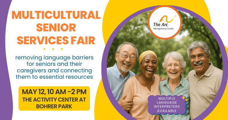 Smiling seniors of diverse backgrounds promoting the Multicultural Senior Services Fair on May 12, 10 am–2 pm at The Activity Center at Bohrer Park, offering resources and multilingual support.