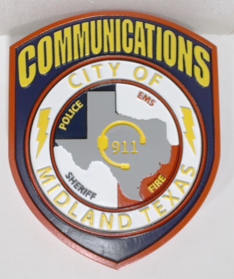 PP-2467 - Carved 2.5-D Multi-Level Relief  Plaque of rhe Shoulder Patch of the Communications Department, the City of Midland, Texas