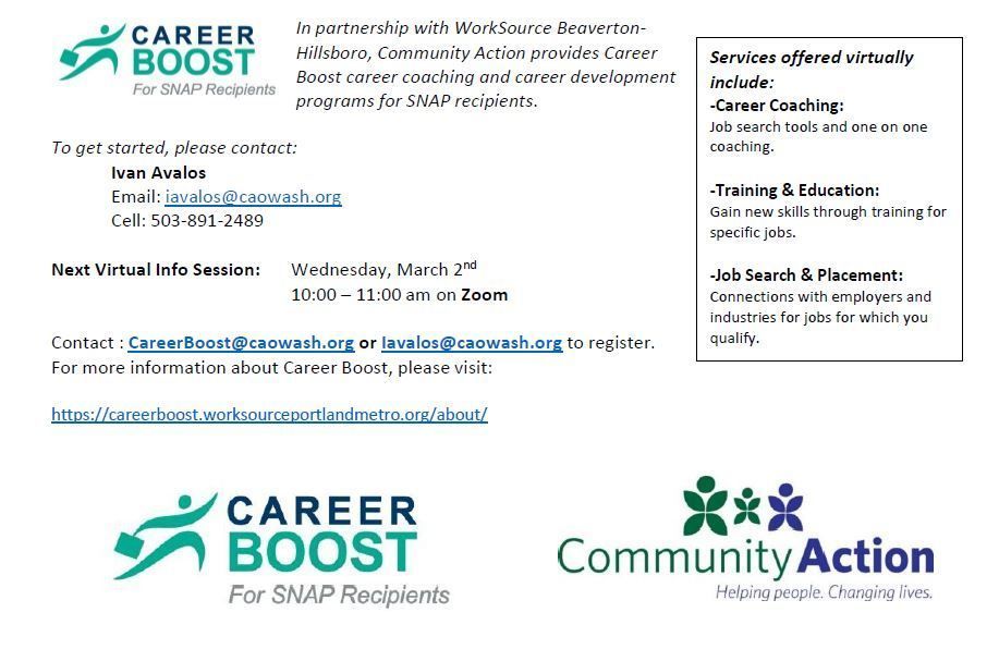 Flyer with more information on Career Boost. Contact CareerBoost@caowash.org or iavalos@caowash.org to register.