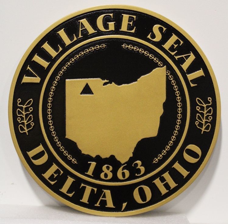 DP-1385 - Carved 2.5-D Raised Relief HDU Plaque of the Seal of the Village of Delta, Ohio