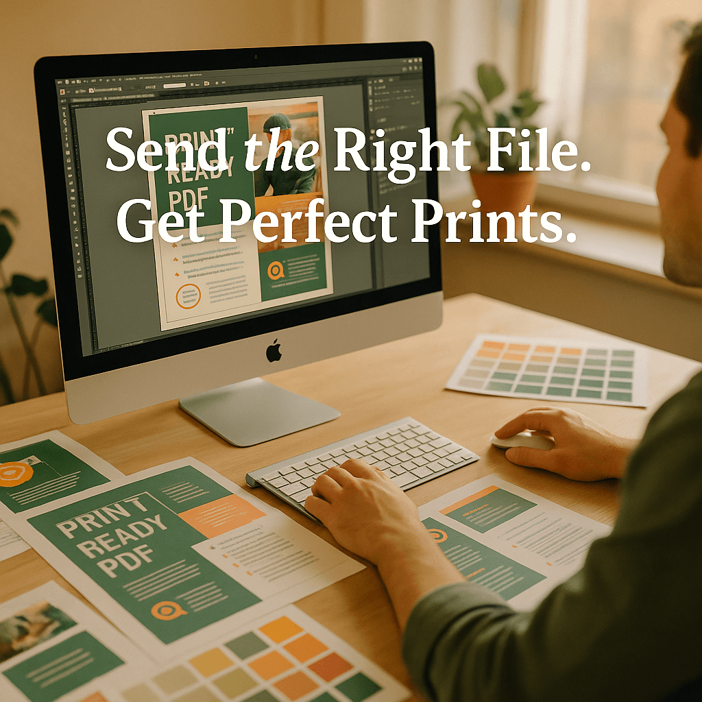 Graphic designer preparing a high-resolution print file on a computer for a Boca Raton printing project.