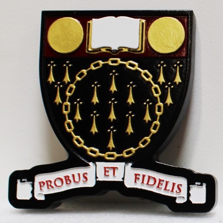 RP-1986 - Carved 2.5-D Raised Relief HDU Plaque of the Coat-of-Arms  of a University with Motto "Probus et Fidelis" (Honest and Faithful)