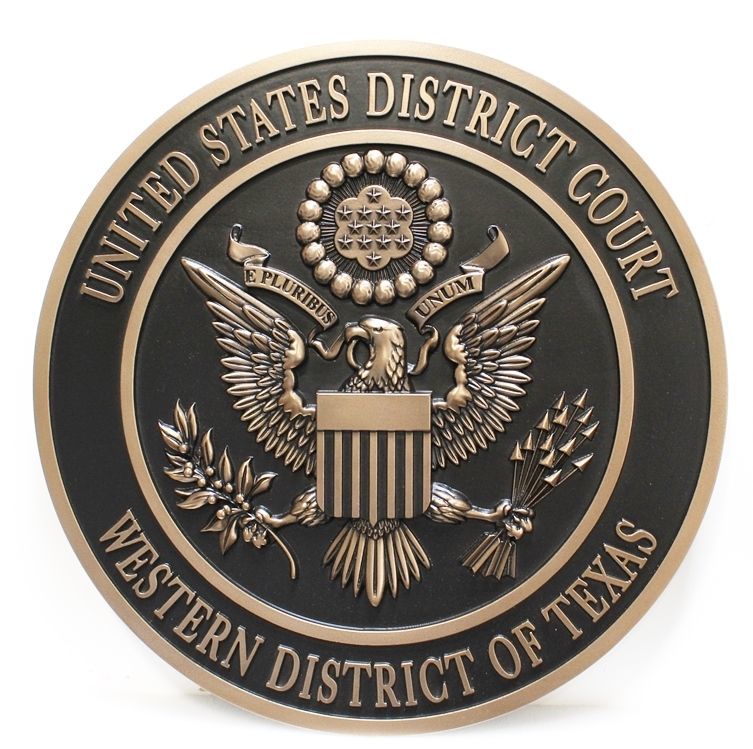 FP-1389 - Carved 3-D Brass-Plated HDU Plaque of the Seal of the United States District Court,  Western District of Texas