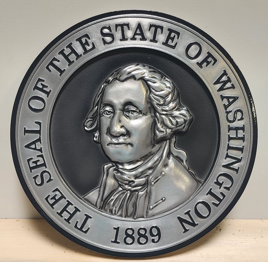 BP-1547 - Carved Wall Plaque  of the Great Seal of the State of Washington, 3-D Bas-Relief, Plated with German Silver Metal