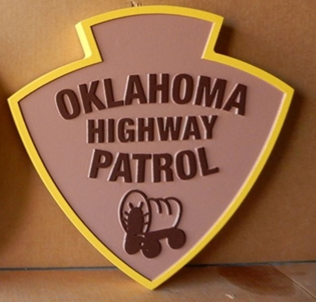 PP-2380 - Carved  Wall Plaque of the Shoulder Patch of the Oklahoma Highway Patrol,  Artist Painted