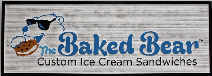 Q25831 - Carved and Sandblasted  Background Sign for  "The Baked Bear- Custom Ice Cream Sandwiches" Store , with Logo of Bear Eating an Ice Cream Sandwich as Artwork 