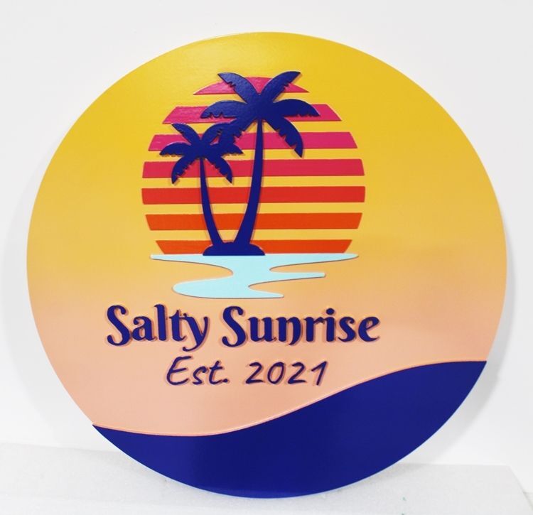 L21122 - Carved Raised Relief Beach House  Sign "Salty Sunrise" with Ocean, Beach and Palm Tree