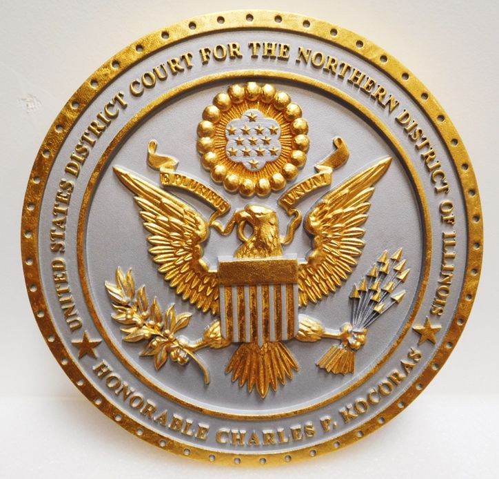 FP-1215 - Carved Plaque of the Seal of the US District Court of the Northern District of Illinois, 3-D Gold-Leaf Gilded