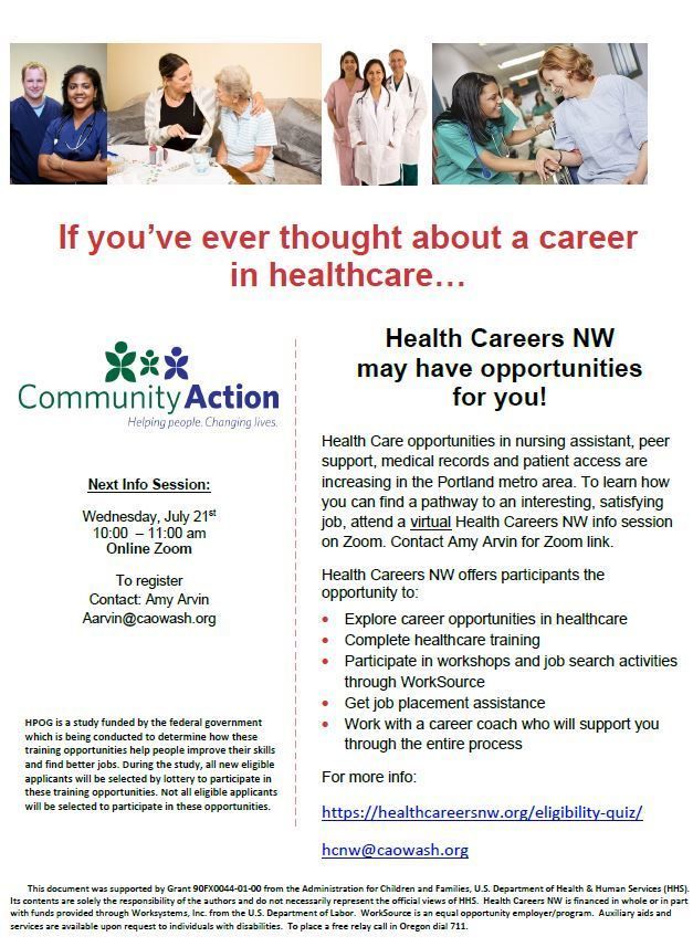 A flyer for the July 21st Health Careers North West Information session. 
