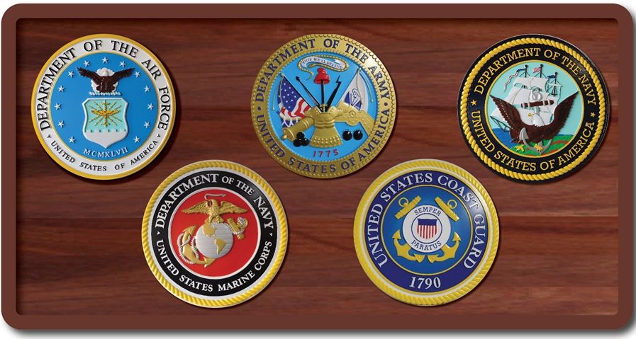 IP-1260 - Set of Carved Plaques of the Seals of Five Armed Forces, Artist Painted and Mounted on Cedar Wood