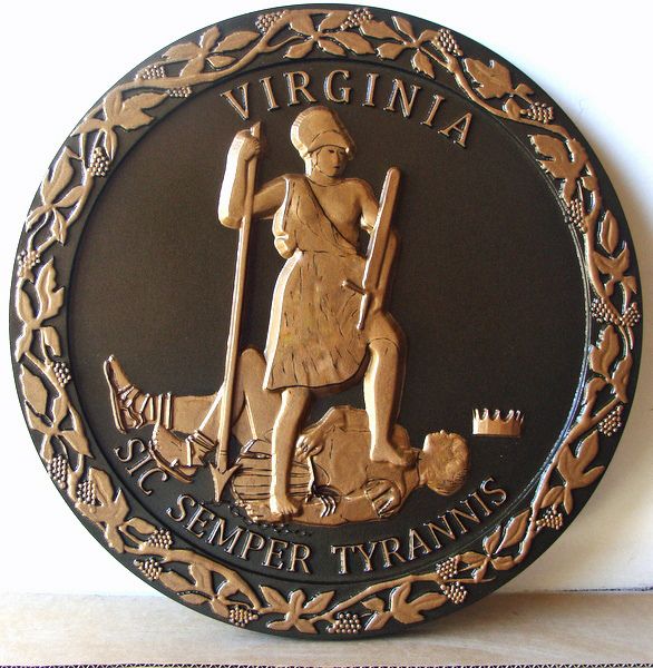W32511 - Carved 3-D Bas-Relief Plaque of the Seal of the State of Virginia, Bronze-Metallic Paint