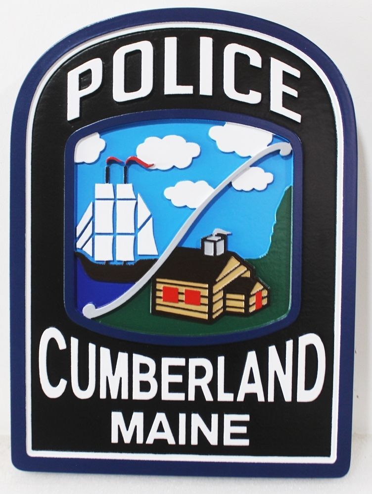 PP-2473- Carved 2.5-D Multi-Level Plaque of the Shoulder Patch of the Police Department of Cumberland, Maine