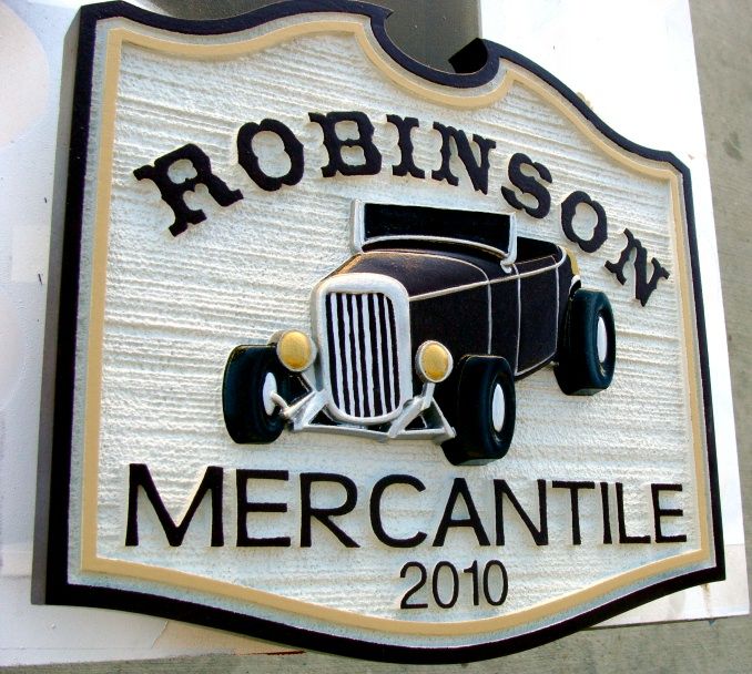 SA28567 - Carved and Sandblasted Wood Grain Texture Sign for Merchantile Store with 3-D Model-T Ford.