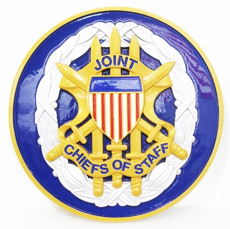 IP-1090 - Carved 3-D HDU Plaque of the Seal/Crest of the Joint Chiefs of Staff (JCOS), US DoD,  Artist Painted with Metallic Silver & Brass