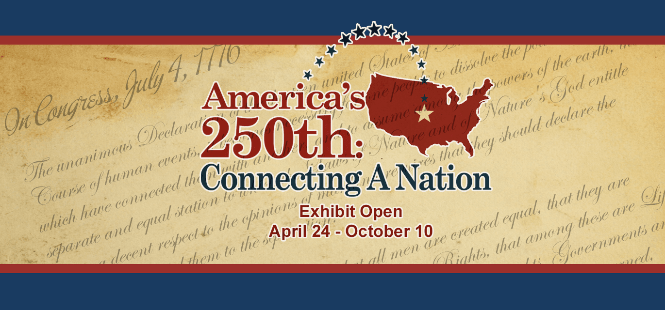 blue stars looping out of the title of exhibit going to a red shape of America