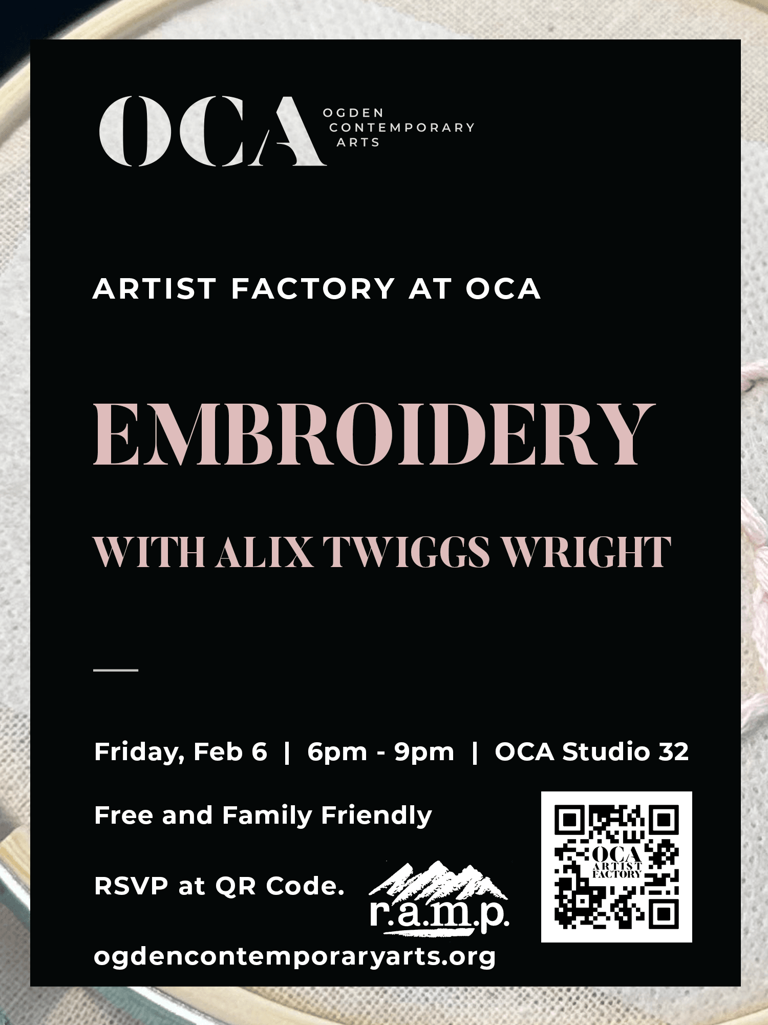 Artist Factory Workshop at OCA Embroidery with Alix Twiggs Wright Friday February 6th from 6pm-9pm