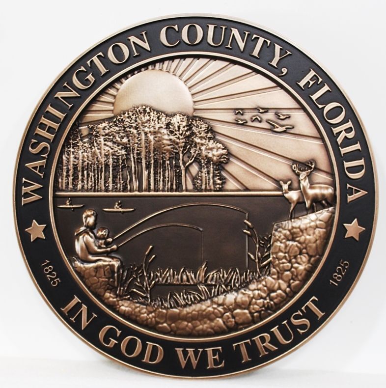 CP-1275 - Carved 3-D Bas-Relief Bronze-Plated HDU Plaque of the Seal of Washington County, Florida 