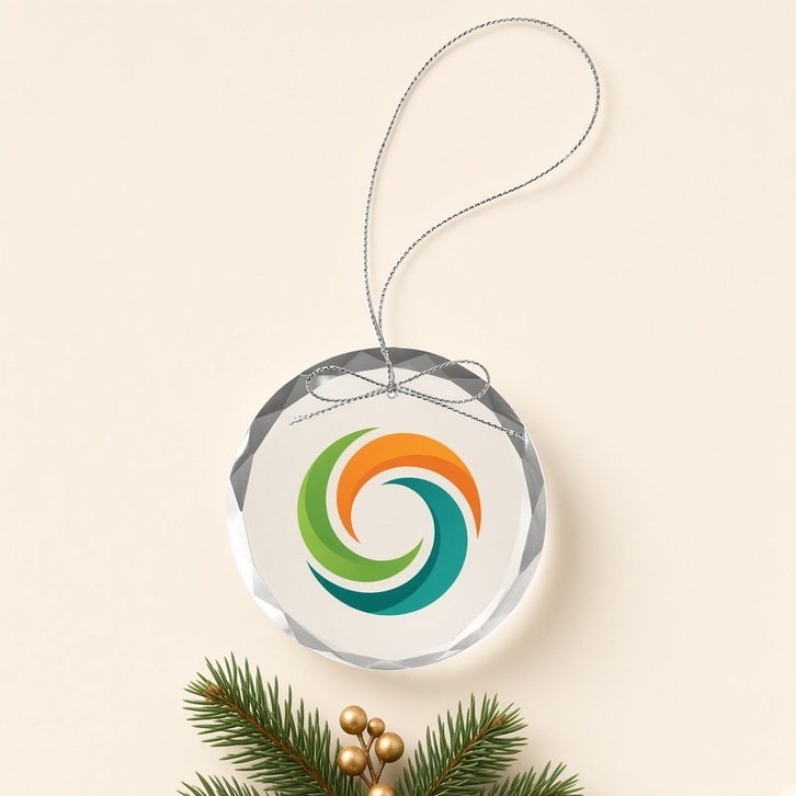 Clear glass ornament with a silver hanging string and sample logo