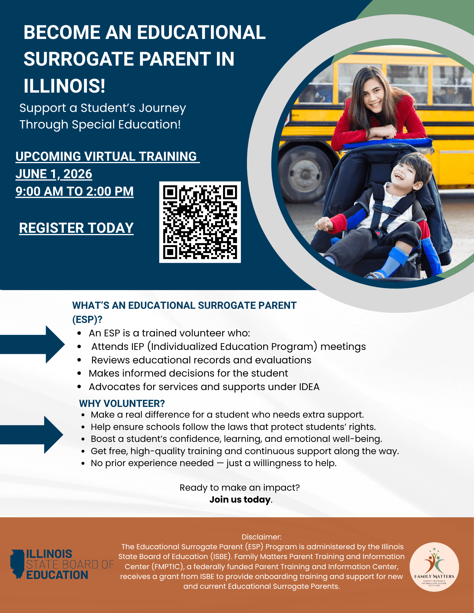 Flyer promoting an Educational Surrogate Parent (ESP) volunteer opportunity in Illinois. It invites people to support students in special education and announces a virtual training on June 1, 2026, from 9:00 AM to 2:00 PM, with a QR code to register. The 