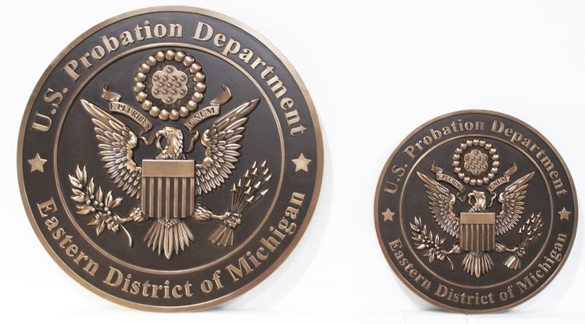 FP-1535 -  Two Carved 3-D Bronze-Plated HDU Plaques of the Seal of the Probation Department, Eastern District of Michigan