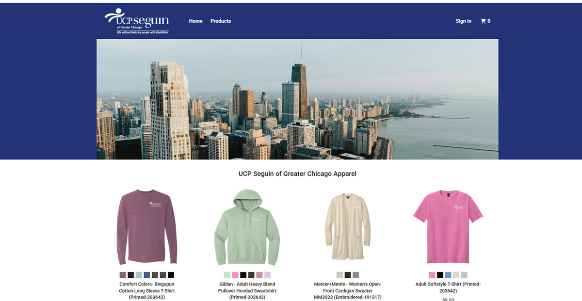 UCP Seguin's online store with t-shirts and sweatshirts that have the UCP Seguin logo