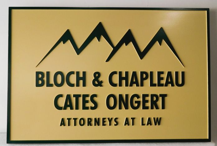 A10185 - Gold, Silver and Black Carved, HDU Sign For Attorneys At Law Featuring Stylized Mountain View Logo 