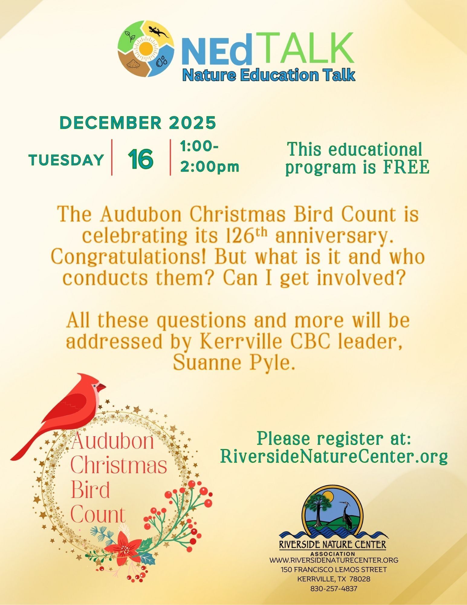 Audubon Christmas Bird Count, Anniversary, Suanne Pyle, Kerrville CBC, Bird Walk and Talk,  Kerrville Texas, Riverside Nature Center