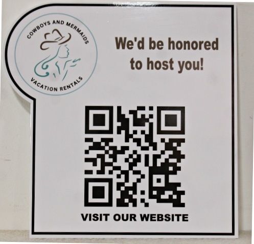 T29181A - Carved Sign for "Cowboys and Mermaids Vacation Rentals" with QR Code