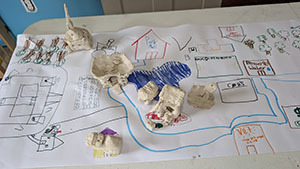 Hand-drawn community map with clay houses and clay figures placed on it