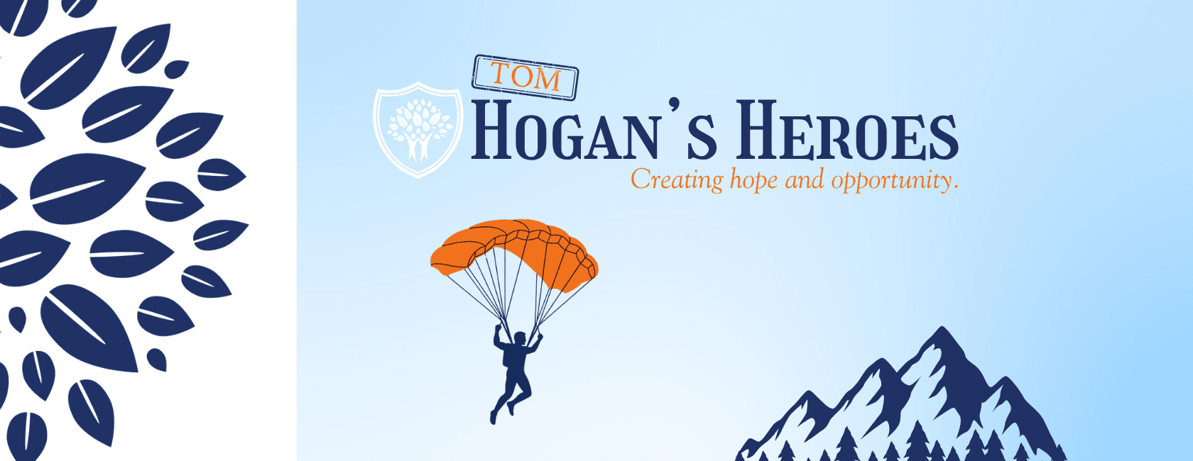 Light blue background with a blue man figure on a orange parachute and the navy title Hogans hereos