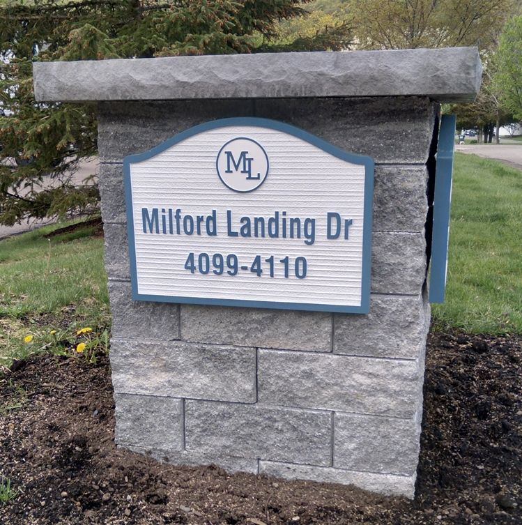 K20113 - Carved and Sandblasted Wood Grain HDU High-Density-Urethane (HDU)  Entrance Sign for  Milford Landing Drive, with Address Numbers, Mounted on a Stone Pillar