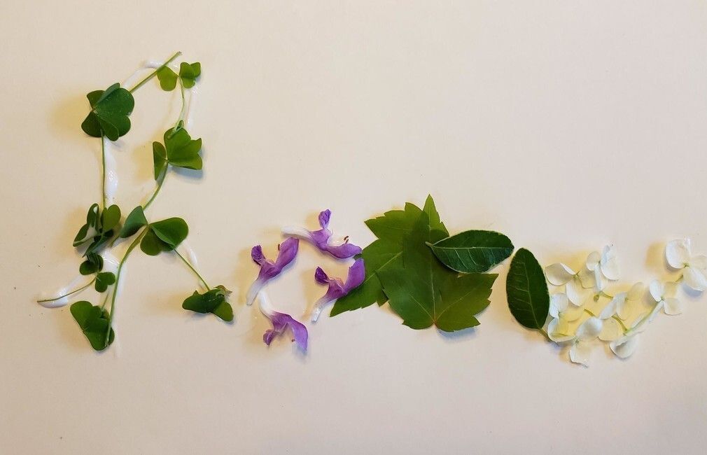 Flowers, leaves, and sticks spelling out a name