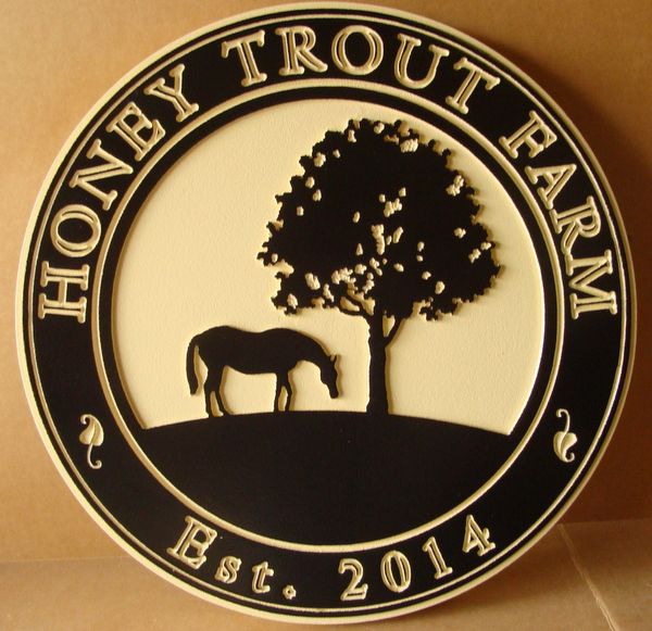 P25094 - Engraved HDU "Honey Trout" Farm Sign with Silhouette of Tree and Horse Grazing   