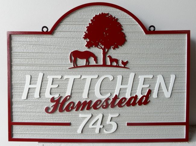 GC731 -Carved HDU  Farm Sign "The Hetchen Homestead", with Tree,Horse, Dog and Chicken in Profile 