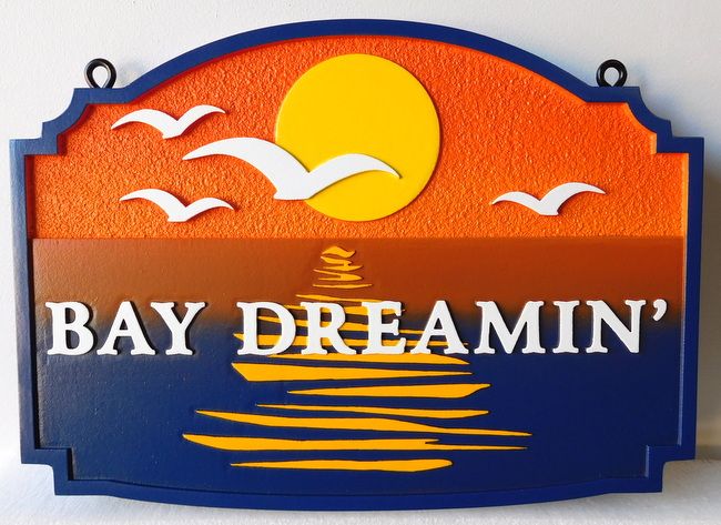 L21203 - Seashore Home Property Name Sign "Bay Dreaming"  with Setting Sun and Seagulls  
